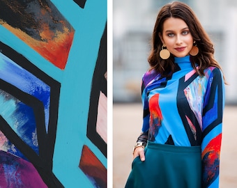 Blusa estampada azul, top geométrico, top de manga larga, ropa de talla grande, blusa de cuello alto, blusa de año nuevo, ropa de noche, de gran tamaño