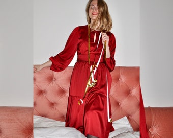 Bordeaux Satin Midi Dress, Long Sleeve Holiday Party Dress