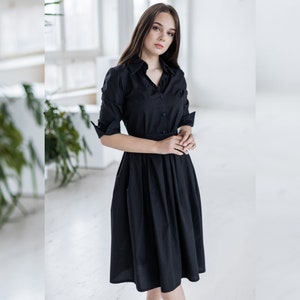 Czarna bawełniana sukienka, czarna koszula sukienka, sukienka z kołnierzykiem, odzież w dużych rozmiarach, sukienka z kieszeniami, damska sukienka midi, dopasowana i rozkloszowana sukienka