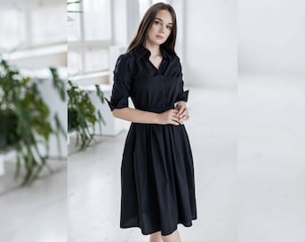 Black Cotton Dress, Black Shirt Dress, Collar Dress, Plus Size Clothing, Dress With Pockets, Women Midi Dress, Fit And Flare Dress