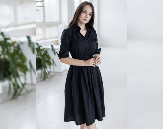 Black Cotton Dress, Black Shirt Dress, Collar Dress, Plus Size Clothing,  Dress With Pockets, Women Midi Dress, Fit and Flare Dress 