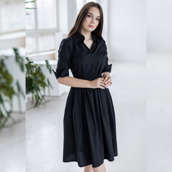 Black Cotton Dress, Black Shirt Dress, Collar Dress, Plus Size Clothing, Dress With Pockets, Women Midi Dress, Fit And Flare Dress