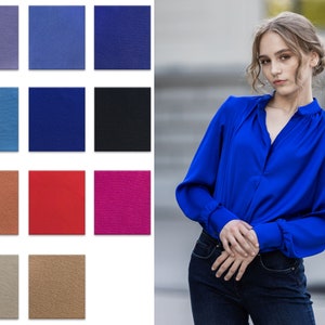 Bright Blue Satin Blouse, V-Cut Neckline, Ruffle Neckline, Blouse with Cuffs