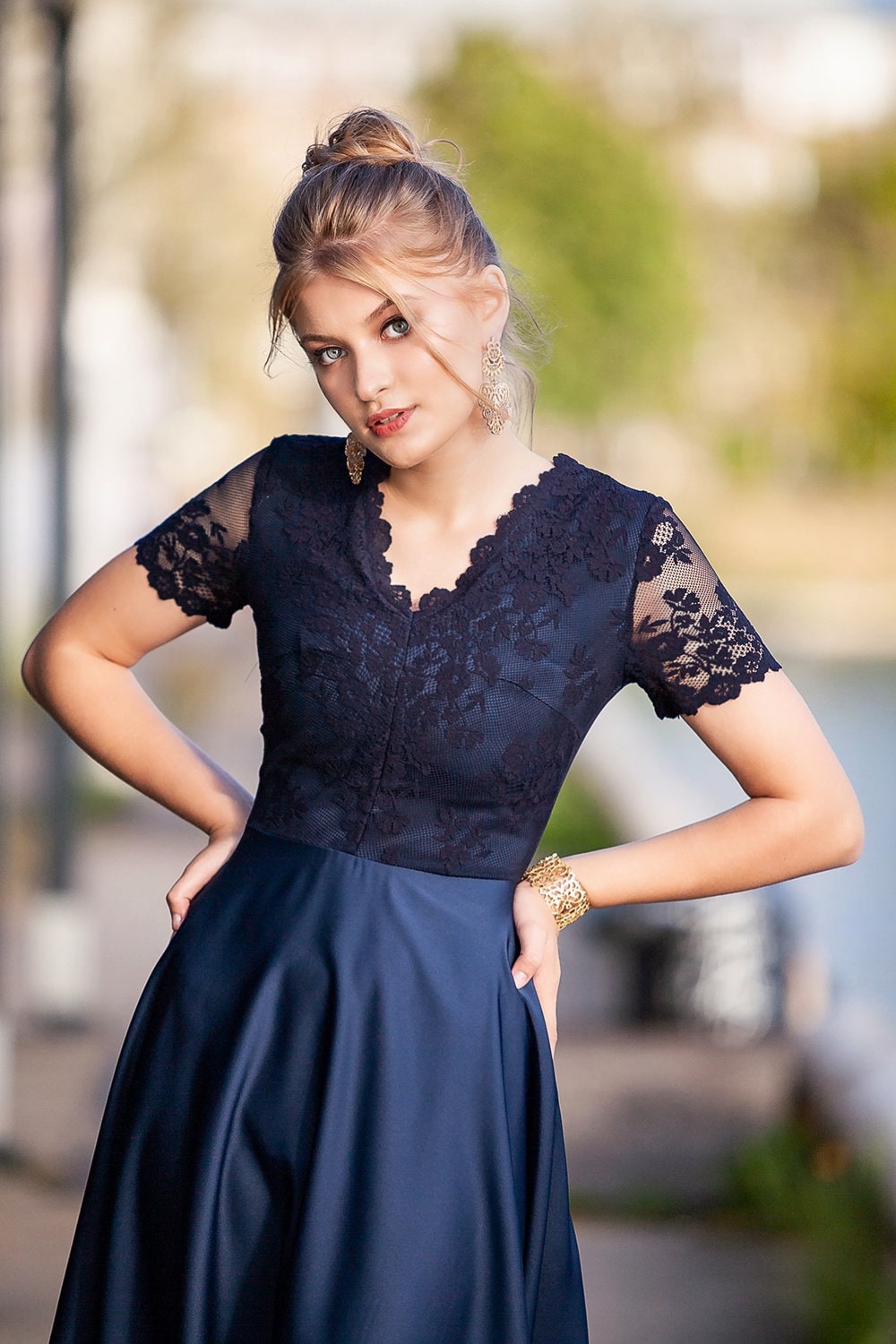 blue lace dress for women plus size dress short sleeve dress knee length dress elegant dress cocktail dress party dress formal dress guntina
