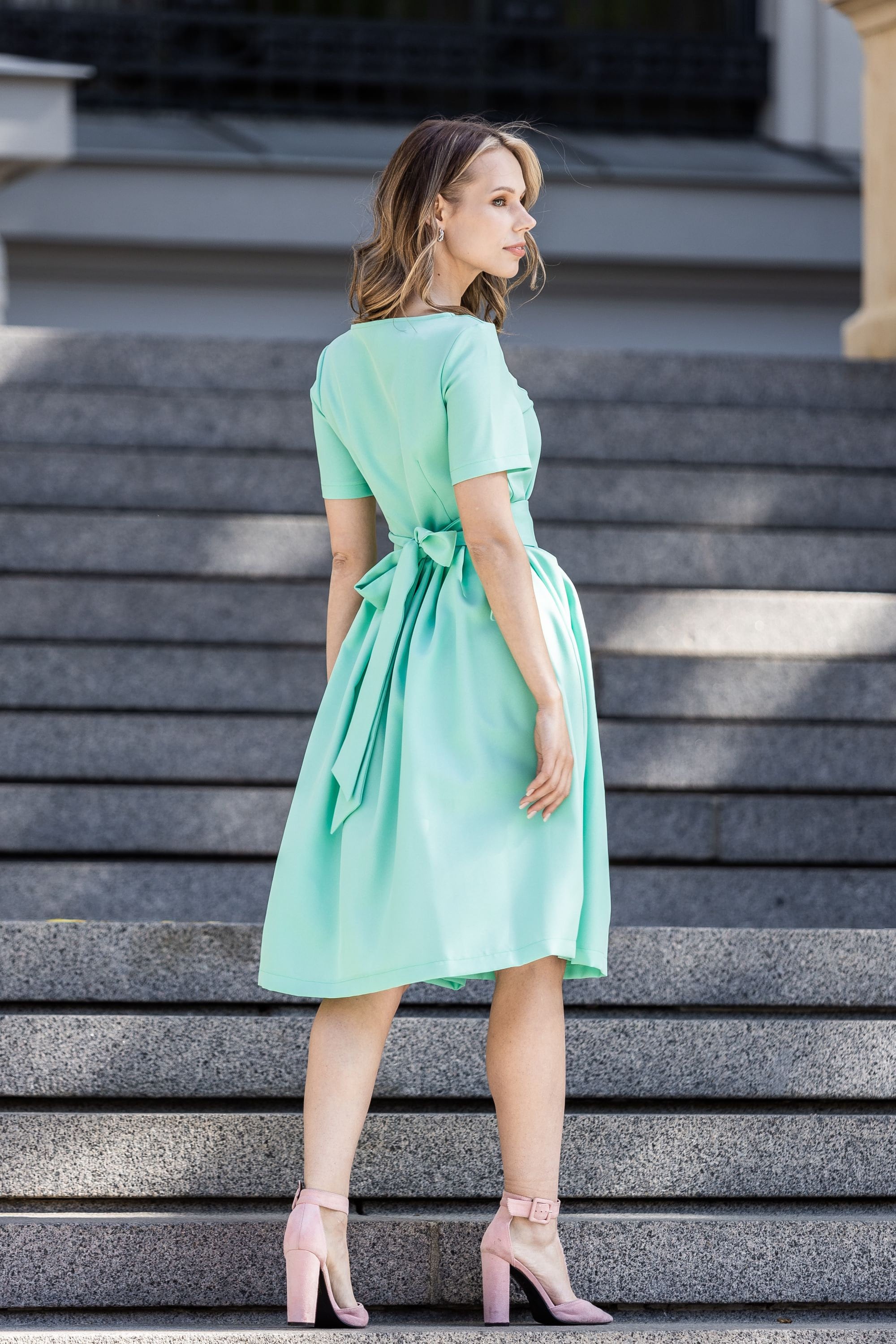 Mint Women Dress, Fit and Flare Dress, Bridesmaid Gown, Wedding Guest Dress, Plus Size Clothing, Tea Length Dress, Short Sleeves Dress