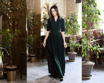 Dark Green Pleated Maxi Dress with Sleeves, Emerald Evening Gown, Plus Size Mother of the Bride Dress, Formal Wedding Guest Dress, XS-5XL