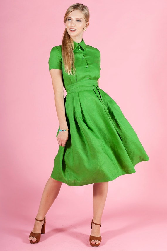 green button up dress with collar Allegra K Women's Safari Dress Summer Collared Button Down Cotton Belted  Shirtdress X-Small Army Green at Amazon Women's Clothing store