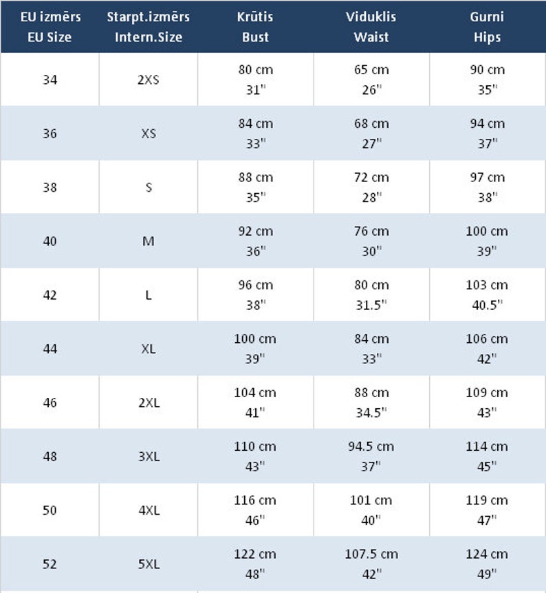 May include A size chart for womens clothing with measurements in inches and centimeters. The chart shows EU sizes, international sizes, bust, waist, and hip measurements.
