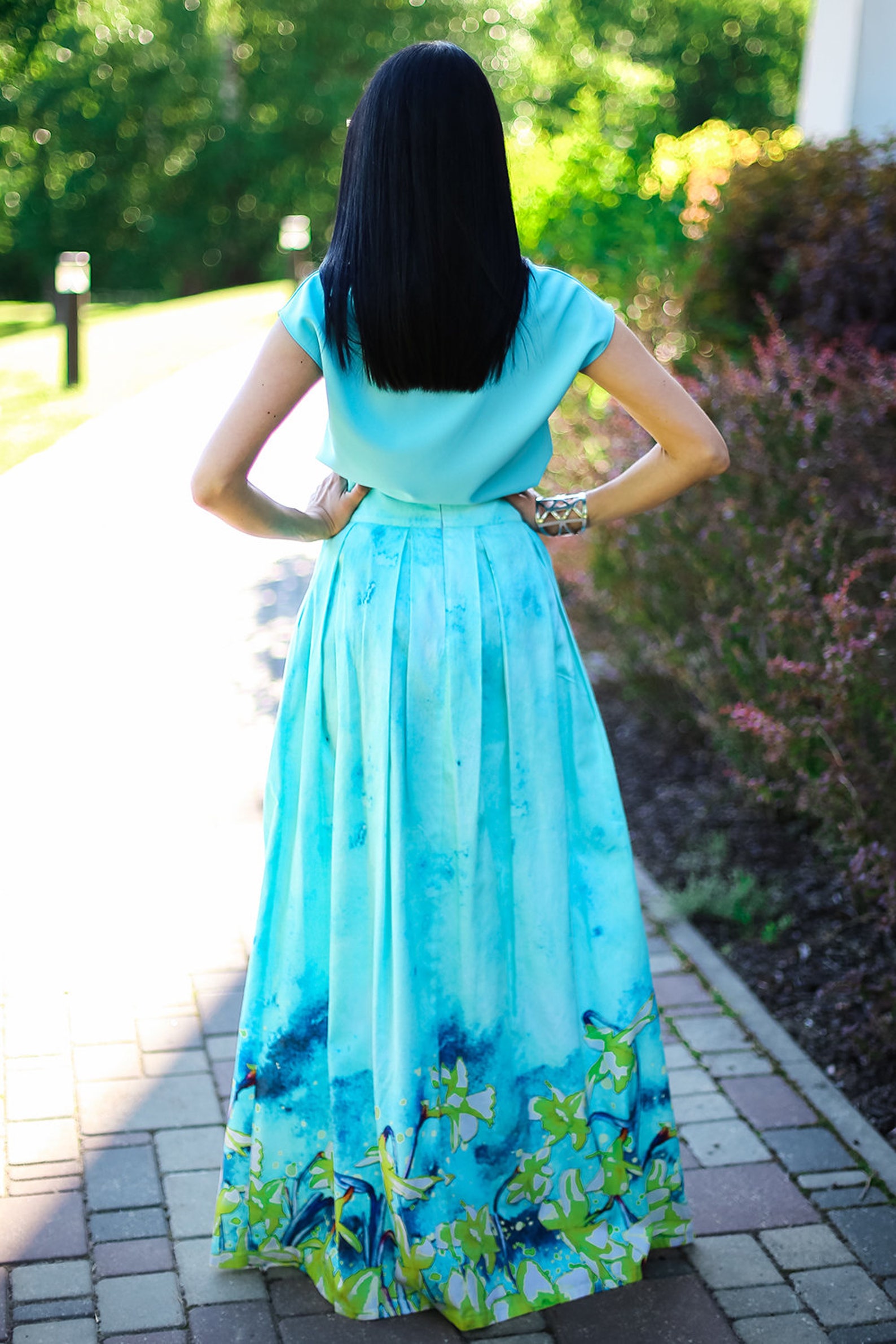 Shirred Waist Maxi Skirt - Turquoise