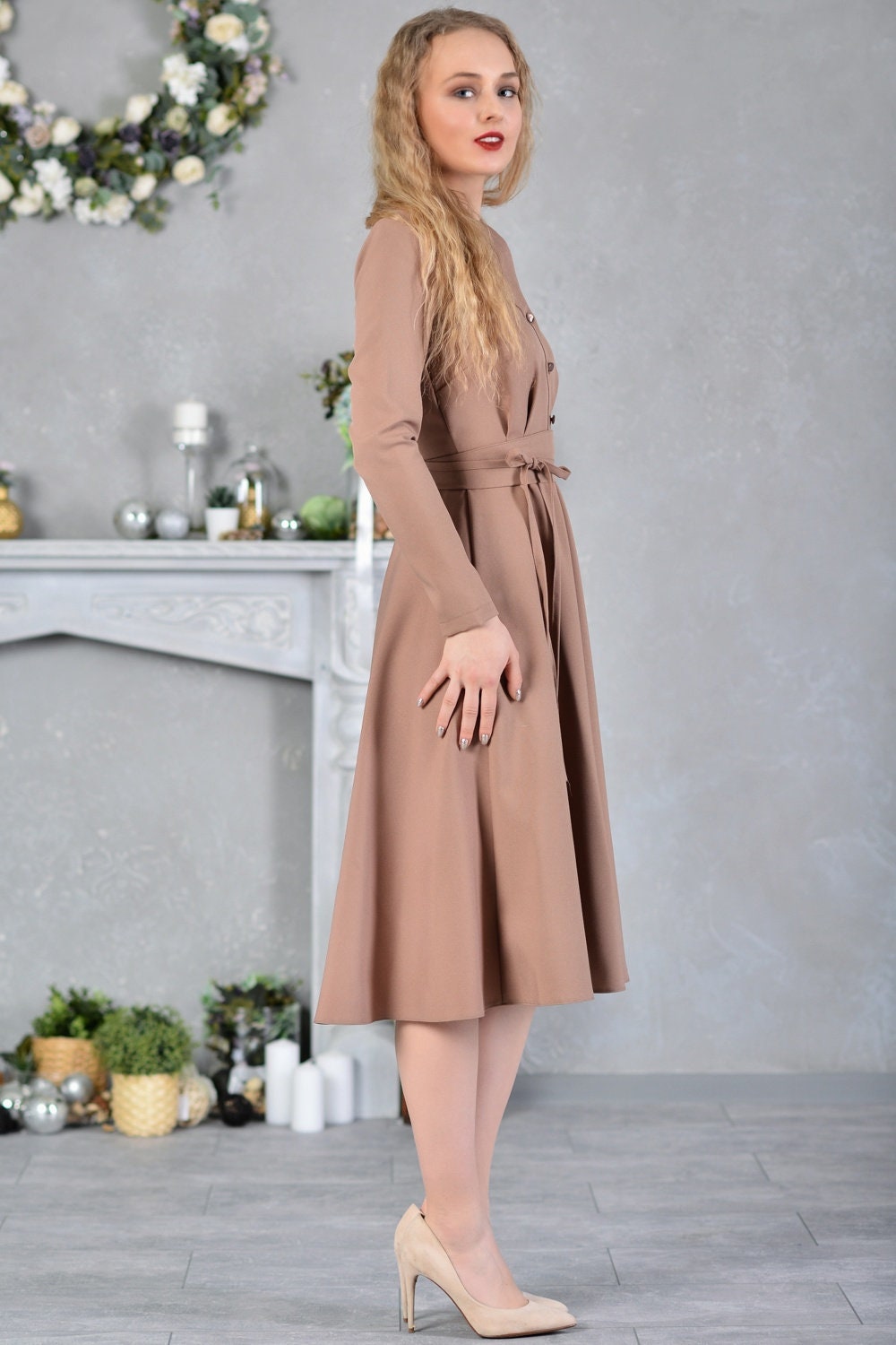 long sleeve brown knit dress Cable-Knit Round Neck Sweater Dress Taupe / L