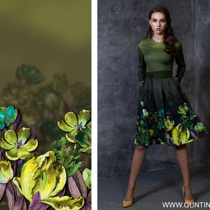 May include: A green dress with a floral print of yellow, green, and blue flowers. The dress has a fitted bodice and a full skirt.