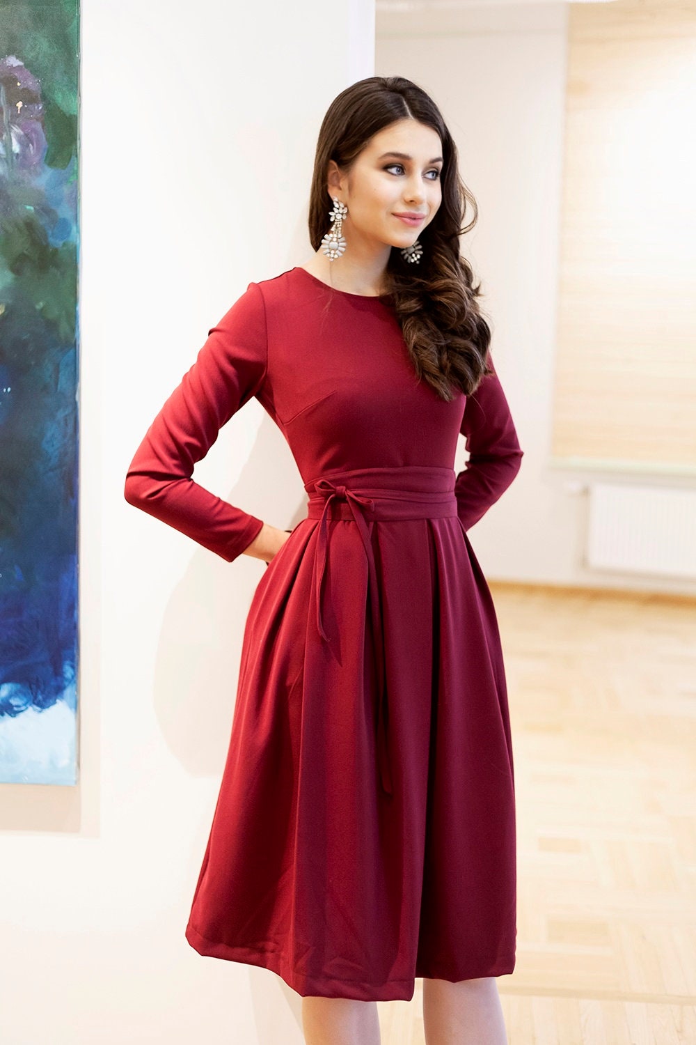 Formal Dress, Cocktail Dress, Long Sleeve Dress, Plus Size Clothing, Dark  Red Dress, Evening Dress, Oversize Dress, Belted Dress,night Dress