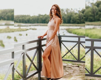 Guldfärgad halterneckklänning, maxiklänning för kvinnor, bröllopsklänning för gäst, veckad cocktailklänning, brudtärneklänning med slits, formella kläder, plus size-kläder