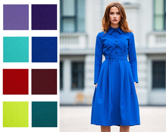 Royal Blue Dress, Elegant Shirt Dress, Long Sleeve Dress, Midi
