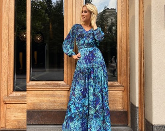 Floral Chiffon Maxi Dress, Long Sleeve Boho Evening Gown