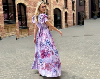 Fliederfarbenes, geblümtes Maxikleid aus Viskose mit Ballonärmeln und Schlitz, V-Ausschnitt, gerader Schnitt, Größen XS-5XL