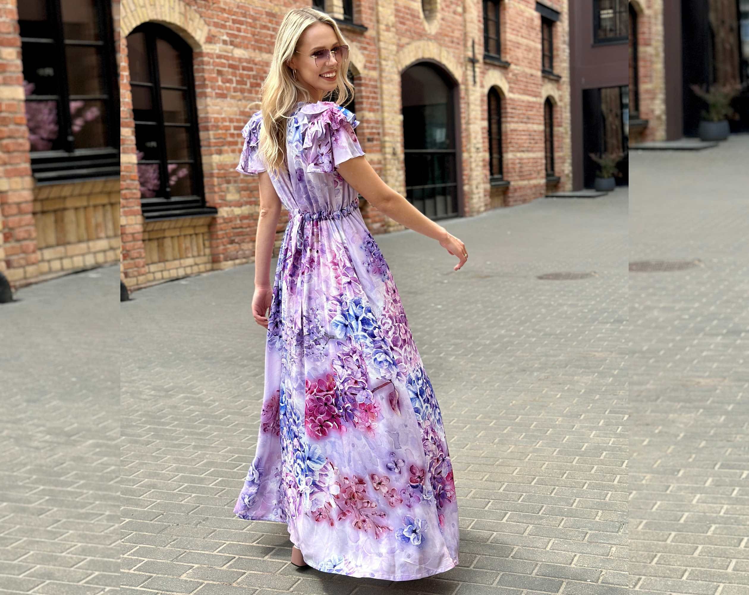 Long Viscose Dress With Slit | Balloon Sleeves | Lilac Floral Print| Elegant V-neck| Women's Maxi Dress| Adjustable Waist | Flower Design - Etsy Long Viscose Dress With Slit | Balloon Sleeves | Lilac Floral Print| Elegant V-neck| Women's Maxi Dress| Adjustable Waist | Flower Design - Etsy