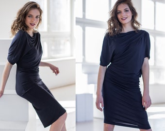 Navy Asymmetrical Midi Dress, Drape Short Sleeve Modal Cocktail Style