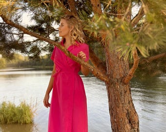 Fuchsia Cotton Dress With Pockets, Short Sleeve Midi Dress