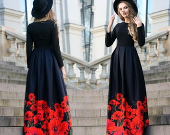 Formal Maxi Dress In Painted Poppy Flowers Print With Pockets Available In XXS - 5XL Sizes + Custom Size