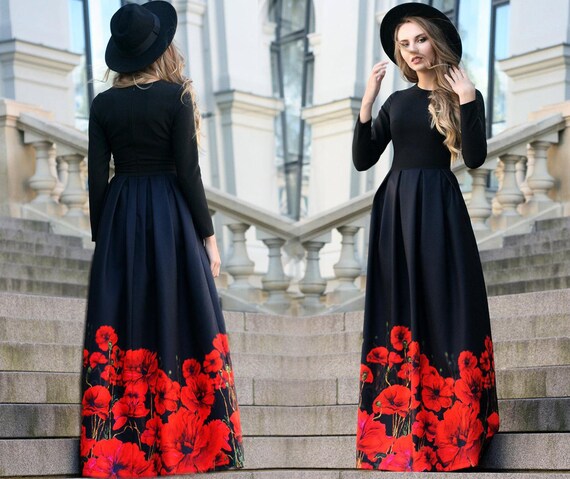 Formal Maxi Dress in Painted Poppy Flowers Print With Pockets Available in XXS 5XL Sizes Custom Size Etsy