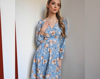 Vestido midi viscosa, vestido de manga larga, vestido midi de mujer, vestido midi azul claro, vestido de invierno, vestido boho, vestido casual, ropa de talla grande