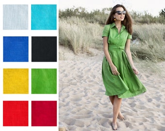 Shirt Linen Dress, Pleated Dress For Women, Green Midi Dress, Collar Linen Dress,Linen Circle Dress,Plus Size Clothing,Summer Linen Clothing