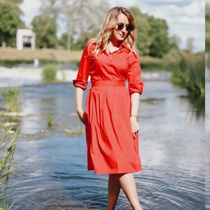 Rotes Baumwollkleid, rotes Hemdkleid, Kragenkleid, Kleidung in Übergröße, Kleid mit Taschen, Frauenkleid, Fit und Flare