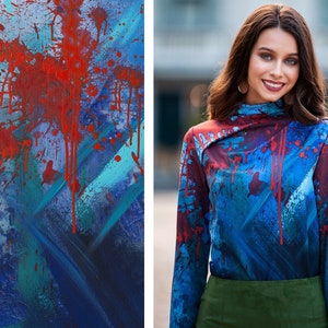 Top met lange mouwen, roodblauwe blouse, abstract bedrukte top, elegante winterblouse, plus size kleding, damesavondblouse, oversized kleding afbeelding 1