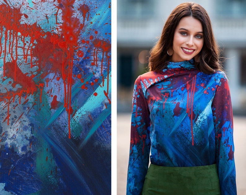 Top met lange mouwen, roodblauwe blouse, abstract bedrukte top, elegante winterblouse, plus size kleding, damesavondblouse, oversized kleding afbeelding 1