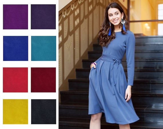 Blue Dress for Women Cocktail Dress Party Dress Belted Dress Blouse Dress Long Sleeve Dress Plus Size Clothing Midi Dress flare Dress Etsy Canada