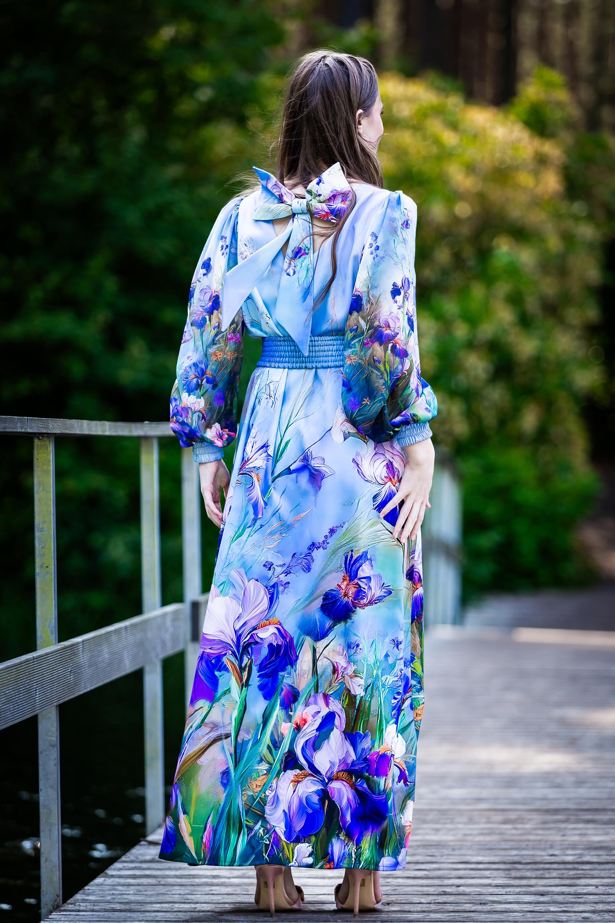 Floral Iris Maxi Dress: Chiffon Sleeves, Bow Back Evening Gown