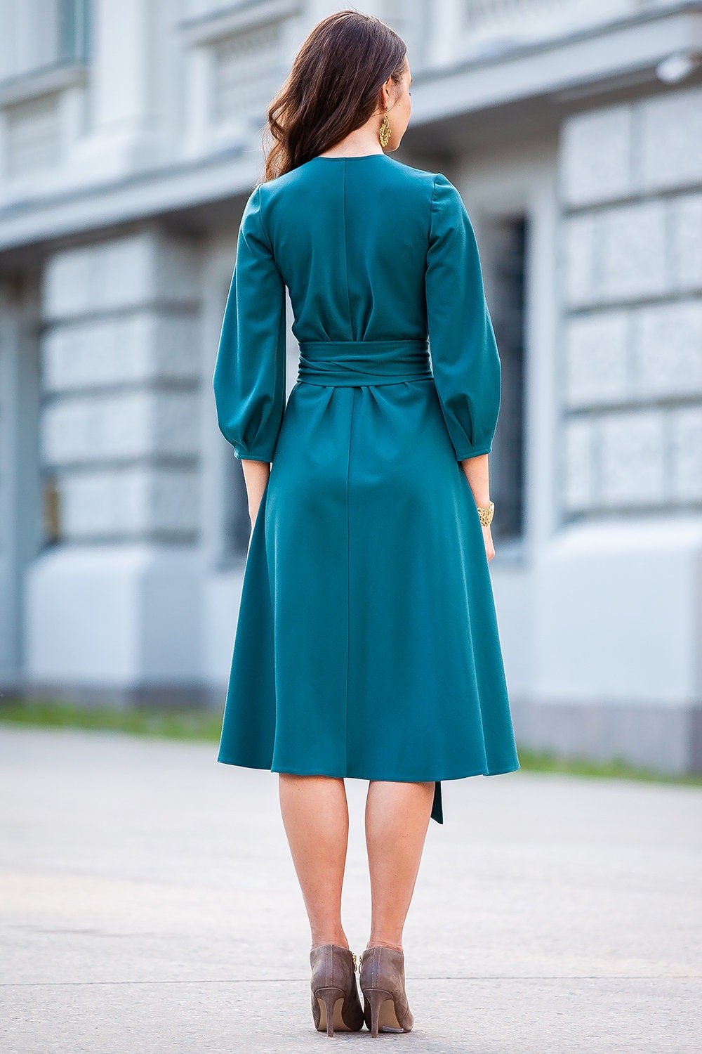 green emerald velvet dress Florence Waterfall Dress in Forest Green Satin main image 0