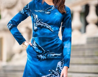 blue dress with bird print Abstract Eagle Blouson Pockets, Plus Size Long Sleeve Midi Dress, Print Lined Fall Party Dress, XS-5XL Teal Black Plus Size Cheap Prom Dress convenient side pockets Size:8H