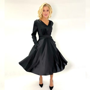 Black Satin Dress, Cocktail Dress, Holiday Party Dress, New Years Dress, Little Black Dress, Wedding Guest Dress, Plus Size Clothing