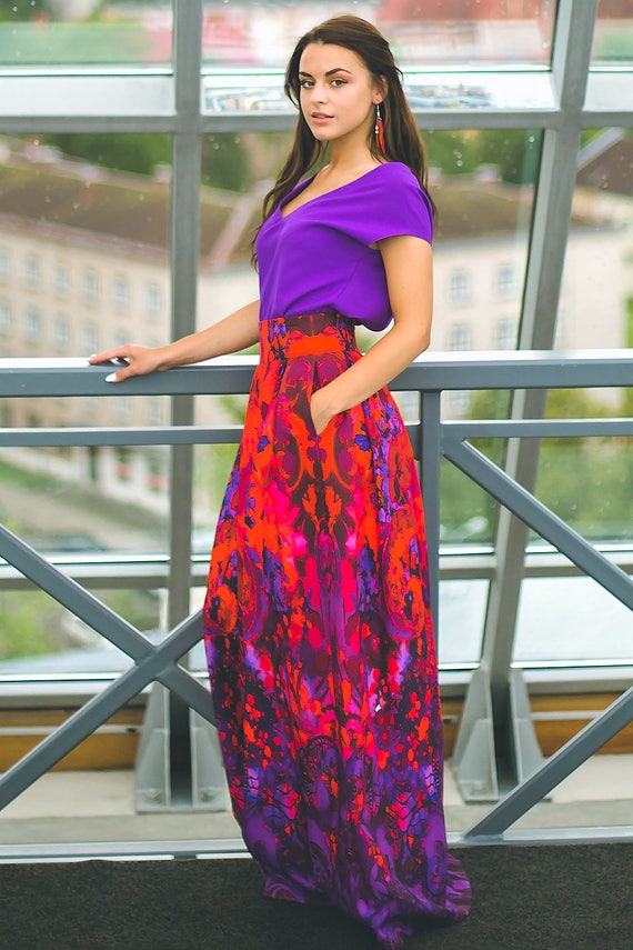 Plus Size Maxi Skirt Red Purple Skirt 