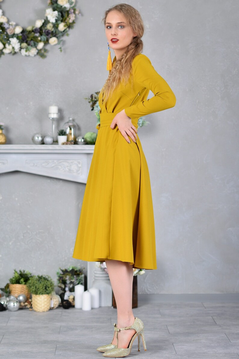 Women Mustard Dress Swing Dress Retro Dress Flare Dress - Etsy