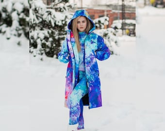 Women Rain Coat, Blue Coat, Winter Raincoat, Colorful Parka, Hooded Parka, Outerwear, Abstract Jacket, Waterproof Parka, Windproof Jacket