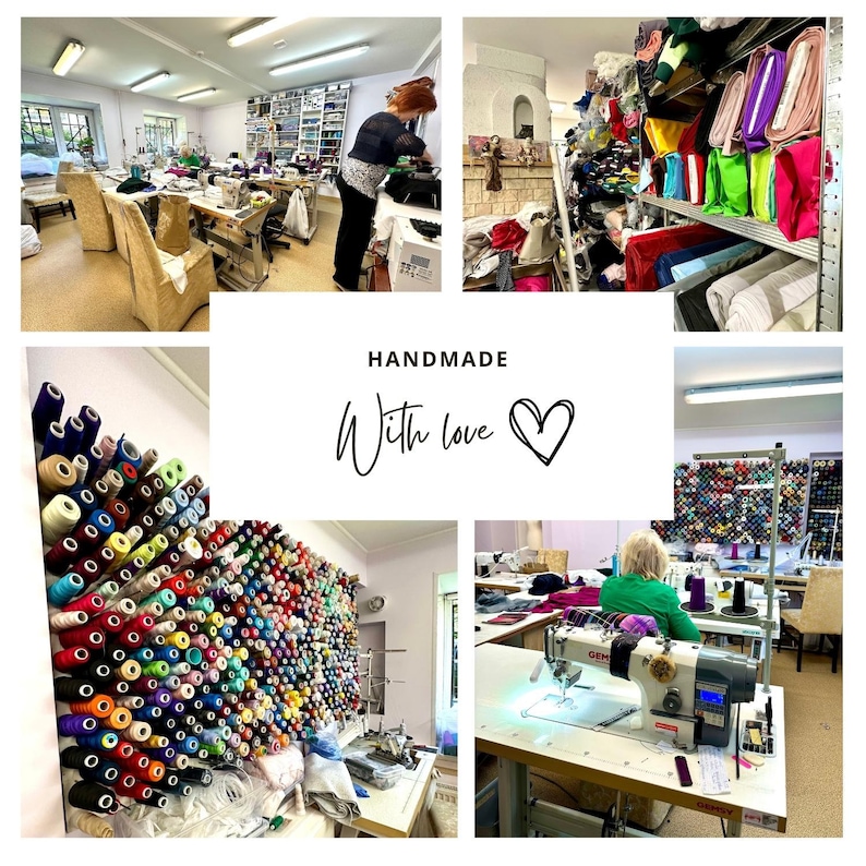 Pode incluir: Uma oficina de costura com uma parede de carret&eacute;is de linha coloridos, m&aacute;quinas de costura e sobras de tecido. A placa diz "Handmade with love".