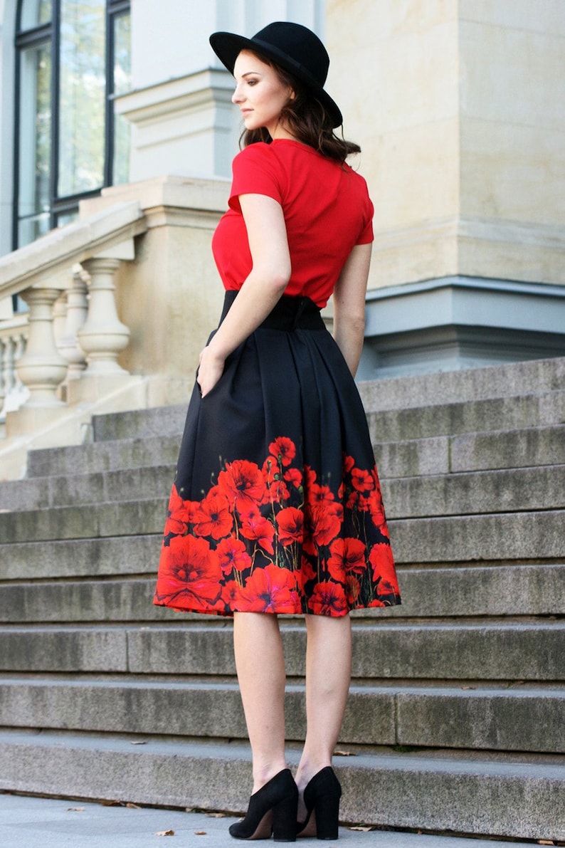 Black Floral Skirt Red Flower Skirt Floral Midi Skirt Women Etsy
