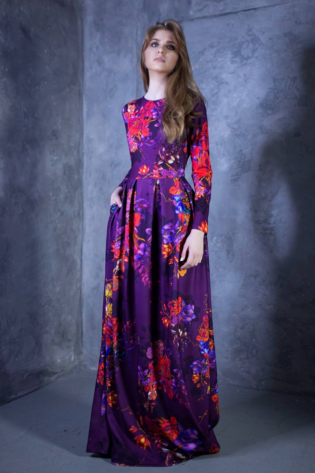 Maxi Dress, Plus Size Maxi Dress, Women Dress, Purple Flower Dress, Mod Dress, Floral Dress, Ball Gown, Long Sleeved Dress, Elegant Dress