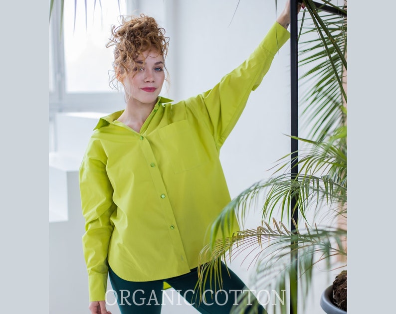 Organic Cotton Shirt Lime Blouses for Women Lime Cotton Shirt Oversize Shirt Women Collar Shirt Lime Blouse Plus Size Shirt
