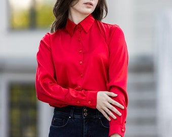 Blusa roja para mujer, blusa de manga larga con cuello, camisa