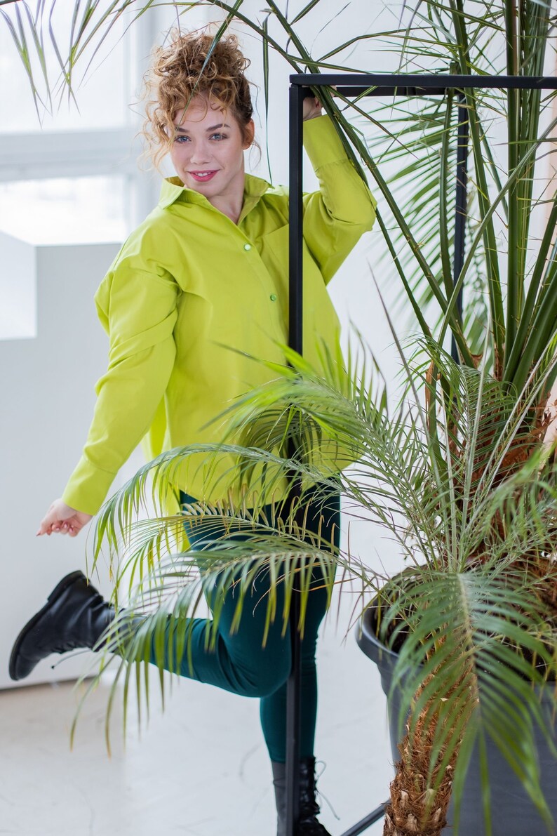 Organic Cotton Shirt Lime Blouses for Women Lime Cotton Shirt Oversize Shirt Women Collar Shirt Lime Blouse Plus Size Shirt