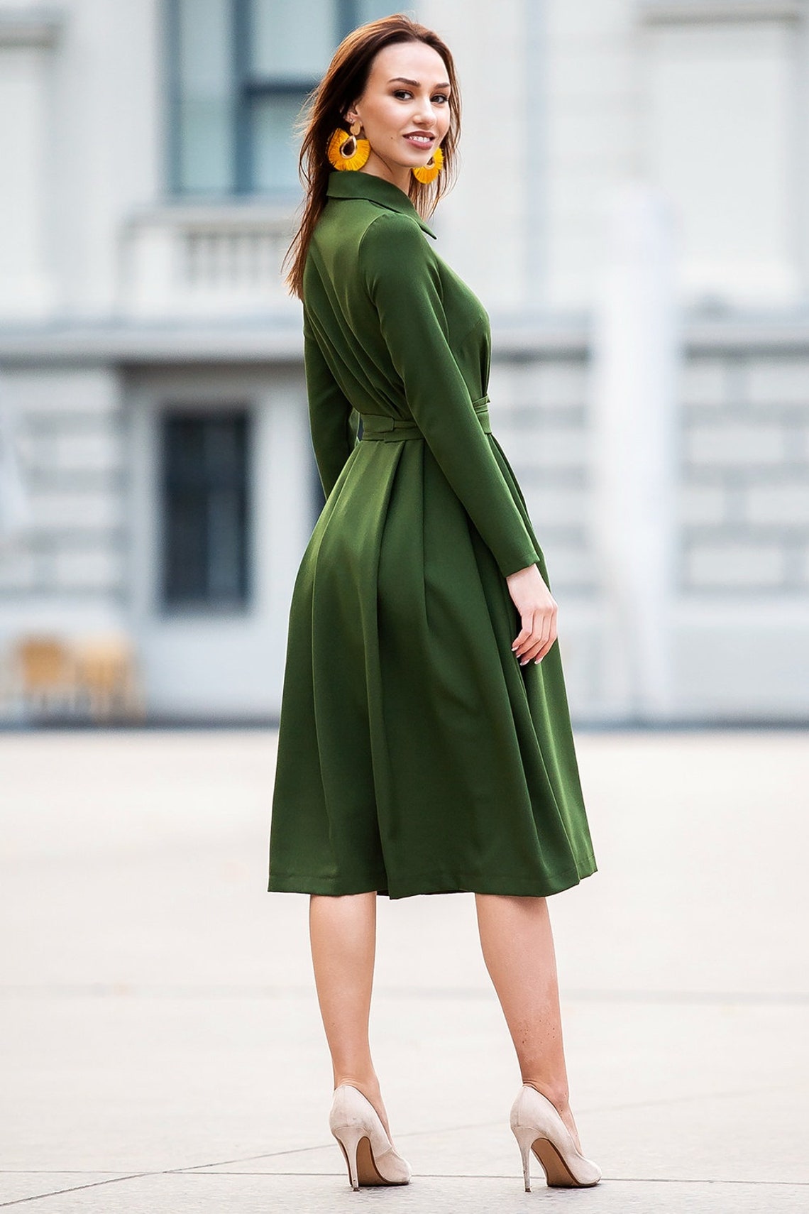 Green Shirt Dress Long Sleeve Dress Midi Formal Dress Plus | Etsy