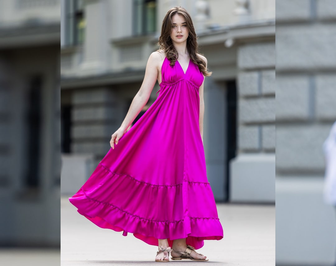 dark pink long dress Bright Fuchsia Prom CA110 stretch fabric Model is 172 cm and wearing size XS Country of origin Sexy Pink V Neck Spaghetti
