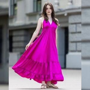 Open Back Tiered Dress, Pink Maxi Dress, Ankle Length Dress, Flowy Summer Dress, Elegant Halter Dress, Summer Wedding Guest Dress, Plus Size