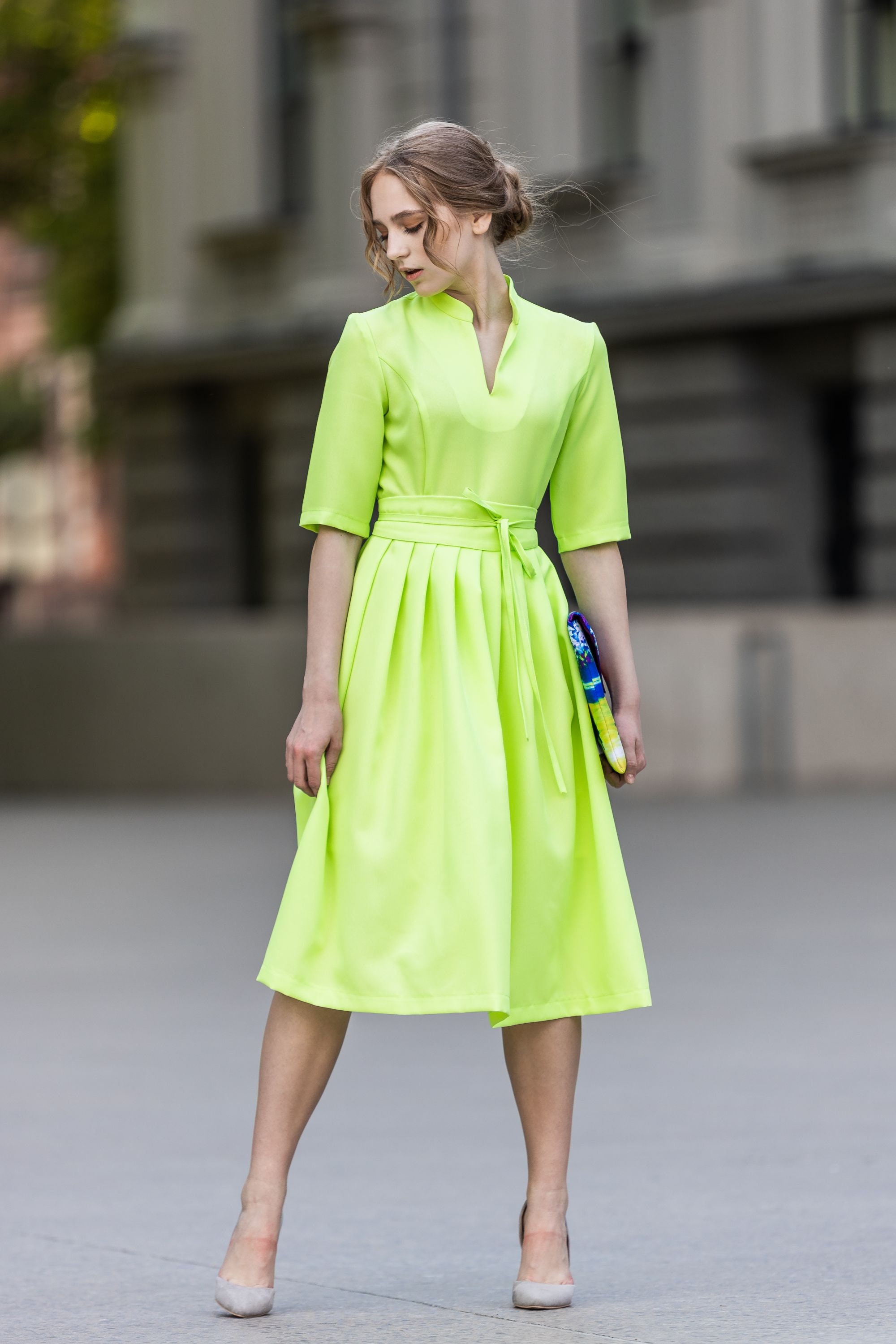 lime green casual dress Reese ending at a midi hem with a side slit lime green casual dress Mini