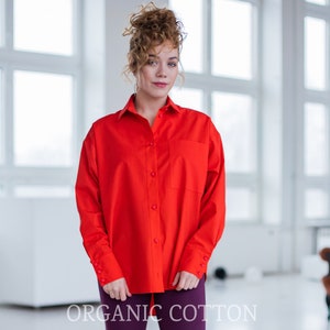 Red Collared Shirt, Plus Size Blouse For Women, Buttoned Shirt Tunic, Women Clothing, Button Front Shirt, Oversized Tunic Top, Long Sleeve