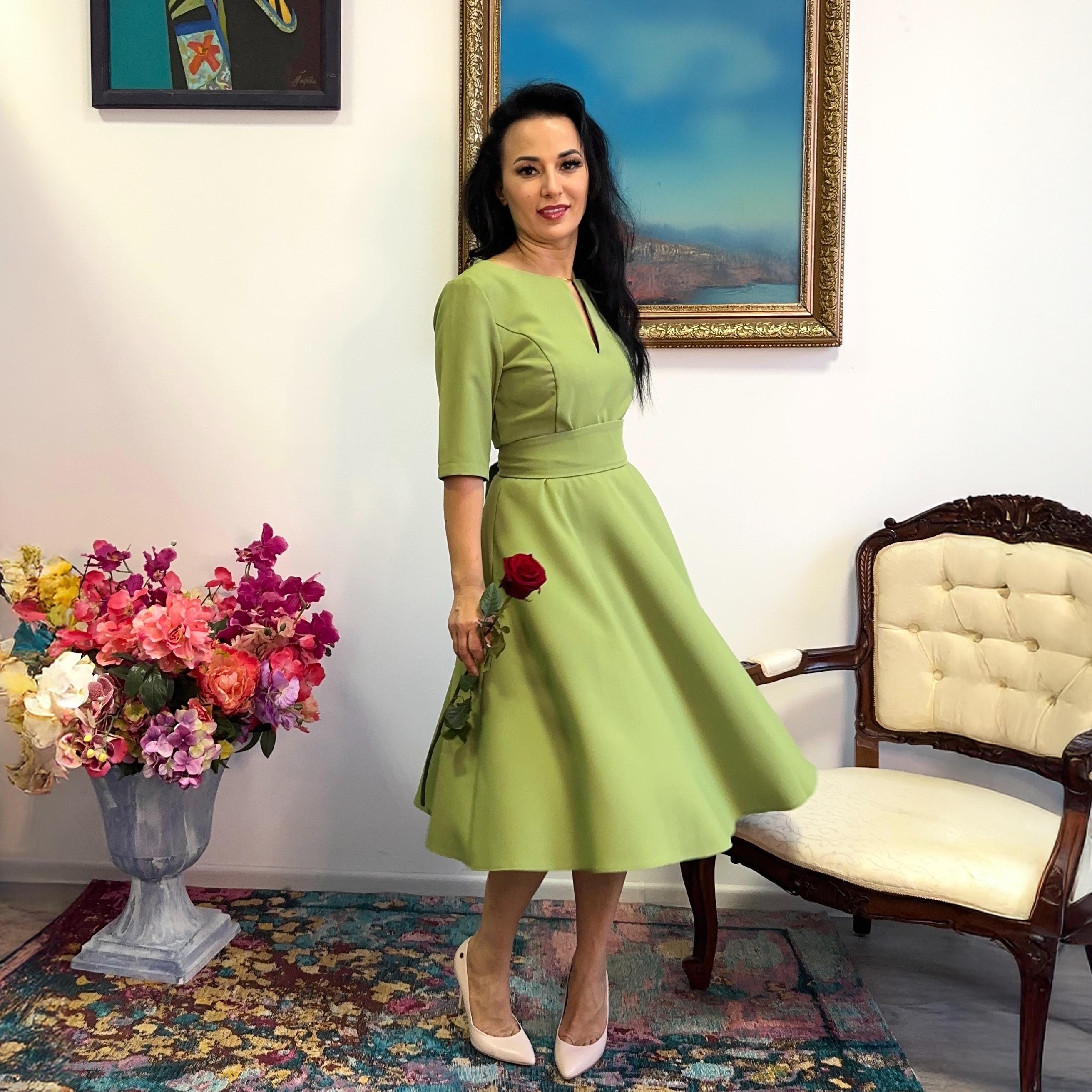 Green Midi Length Dress, Wedding Guest Dress, Mother Of The Bride Dress, Cocktail Dress, Bridesmaid Dress, Summer Dress